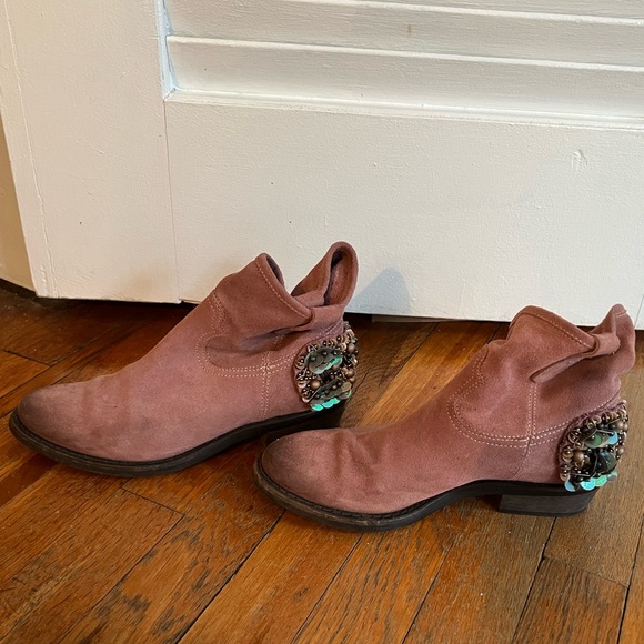 Pink leather booties with gems on heel. Size 6. - Picture 2 of 7